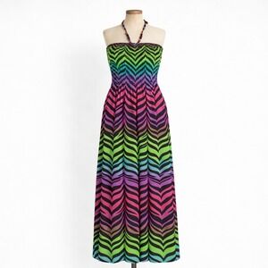 Vintage Y2K Neon Rainbow Zebra Smocked Halter Maxi Dress Size M Festival Party